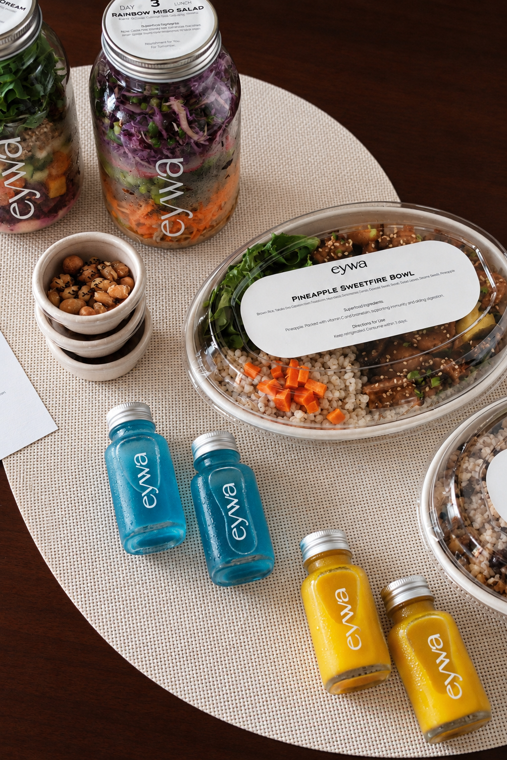 A styled flat-lay of a healthy meal kit from eywa, featuring a pineapple sweet rice bowl, two colorful drink bottles (blue and yellow), and two salad jars on a woven placemat over a dark wood table.